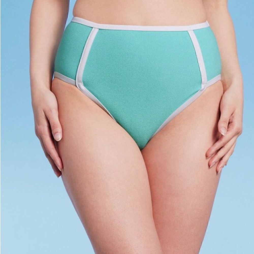 Kona Sol Women's Terry Textured Solid HighWaist HighLeg Bikini Bottom Turquise L